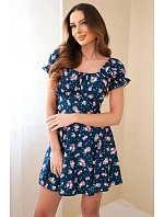 Dámské šaty s květinovým vzorem s nabíraným rukávem a elastickým pasem tmavě modré Dámské šaty s květinovým vzorem s nabíraným rukávem a elastickým pasem tmavě modré