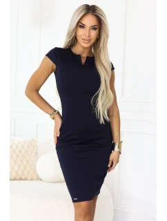 model 21943494 Smyslné tužkové šaty s krátkými rukávy a ozdobným výstřihem tmavě modré - numoco