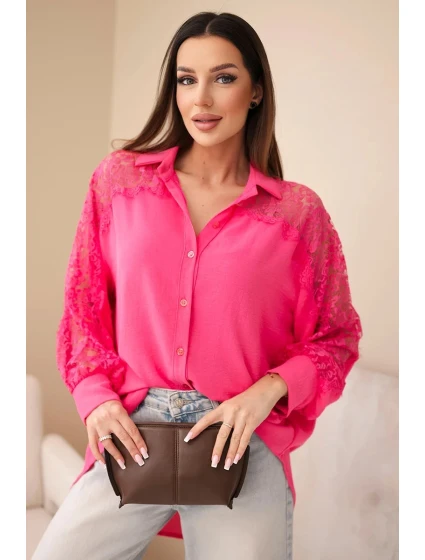 Dámská viskózová košile s krajkovými rukávy a límečkem růžová