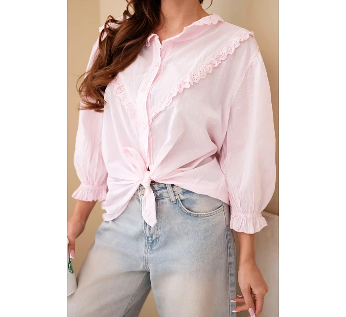 Dámská bavlněná košile s krajkou a zavazováním bonbónově růžová