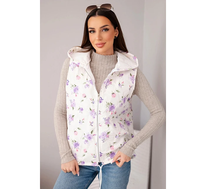 Dámská prošívaná vesta s květinami a kapucí fialová