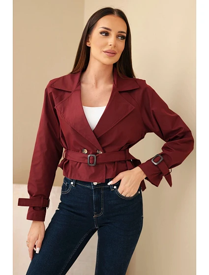 Dámská krátká model 22293780 viskózová bunda s opaskem a klopami bordová - K-Fashion