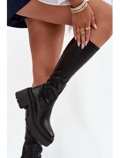 Dámské kozačky na masivním podpatku a platformě, nazouvací Florinne – černé