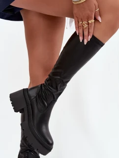 Dámské kozačky na masivním podpatku a platformě, nazouvací Florinne – černé