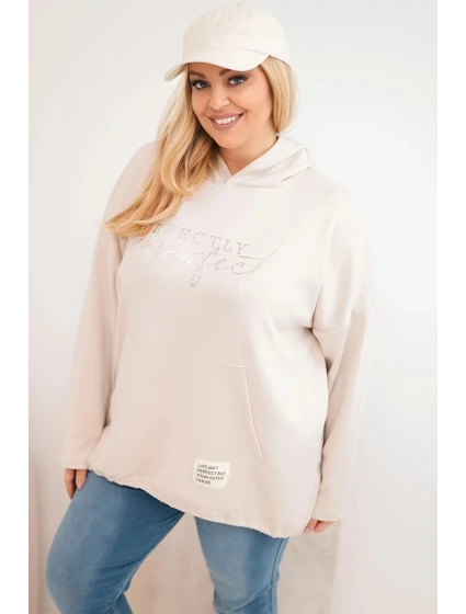Dámská mikina Plus Size s kapucí a potiskem béžová Dámská mikina Plus Size s kapucí a potiskem béžová