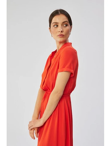 model 19647475 Viskózové šaty se šňůrkou v pase korálová barva - STYLOVE