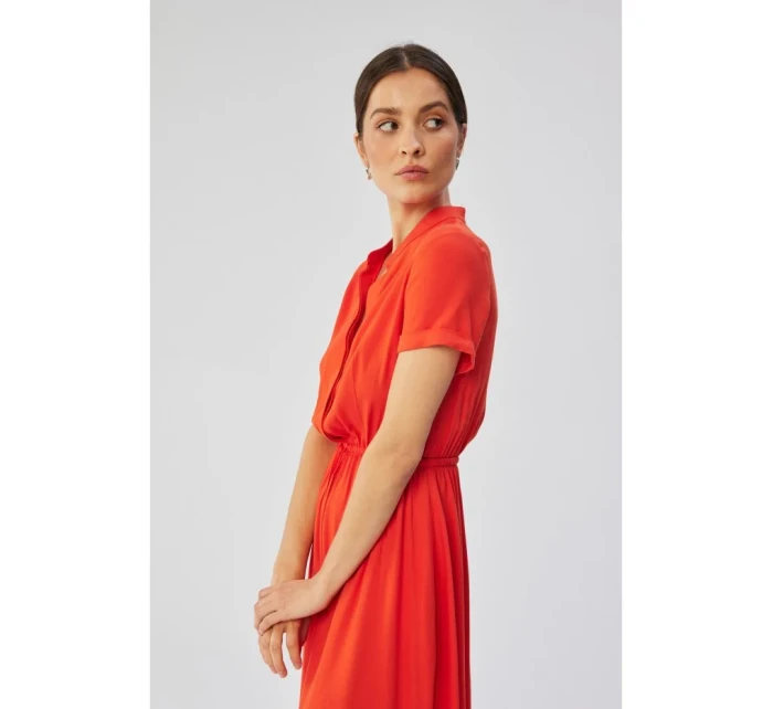 model 19647475 Viskózové šaty se šňůrkou v pase korálová barva - STYLOVE