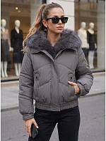 Dámská zimní prošívaná bunda s kožešinou, tmavě šedá, FashionStreet TY6010 Dámská zimní prošívaná bunda s kožešinou, tmavě šedá, FashionStreet TY6010