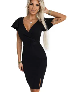 479-9 NINA elegantní šaty s obálkovým výstřihem, rukávy a páskem - ČERNÁ