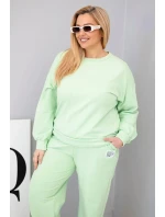 Dámská souprava Plus Size bavlněná s volnou mikinou a kalhotami s širokou nohavicí pistáciová