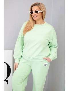 Dámská souprava Plus Size bavlněná s volnou mikinou a kalhotami s širokou nohavicí pistáciová