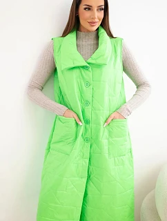 Dámská prošívaná dlouhá vesta s kapsami a stojáčkem neonově zelená