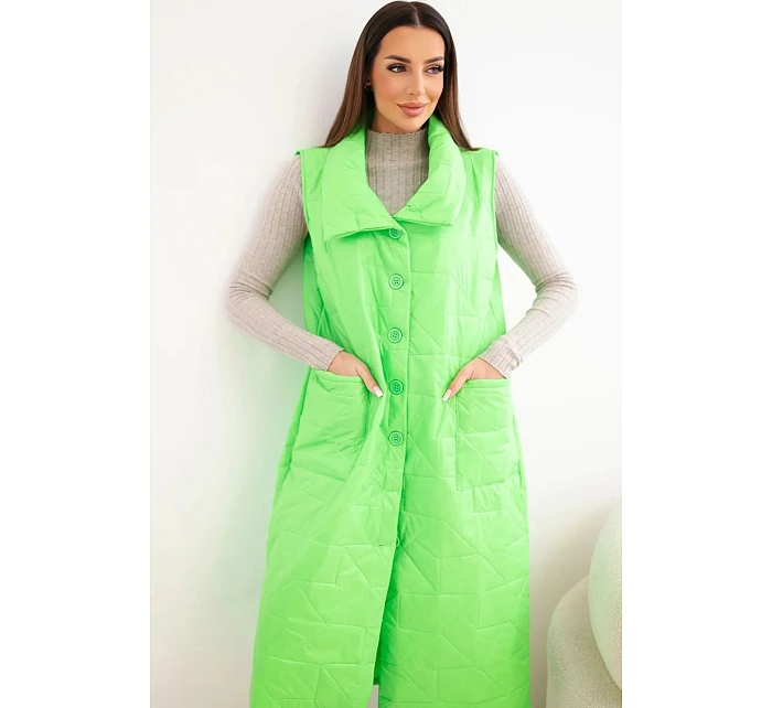 Dámská prošívaná dlouhá vesta s kapsami a stojáčkem neonově zelená