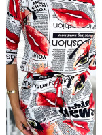 Sportovní šaty s kapsami Numoco - bílé s novinovým vzorem a potiskem červených rtů
