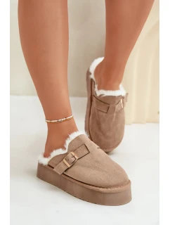 Dámské Pantofle Na Silné Podešvi S Kožešinou A Přezkou Tmavě Béžové Linneola