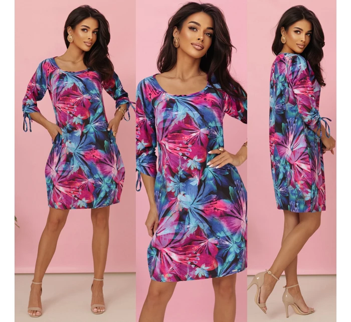 model 21218910 Pohodlné oversize šaty s vázáním na rukávech barevné květy - numoco