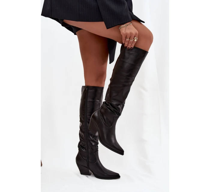 Dámské zateplené kozačky kovbojky na podpatku Rosvian – černé, eko semiš Dámské zateplené kozačky kovbojky na podpatku Rosvian – černé, eko semiš