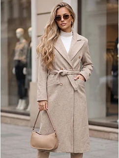 Dlouhý dámský dvouřadý kabát s páskem, světle béžový, FashionStreet NY0844