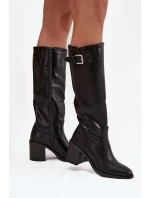 Dámské kozačky na podpatku s přezkou černé model 21744576 - Boto