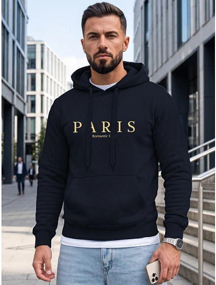 Bluza męska z kapturem z nadrukiem PARIS granatowa model 22353037 - FashionStreet Bluza męska z kapturem z nadrukiem PARIS granatowa model 22353037 - FashionStreet