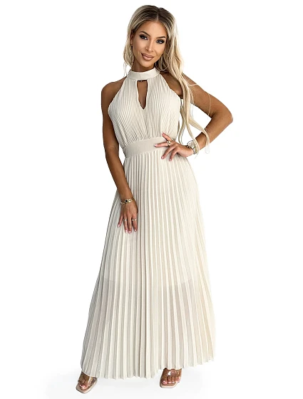 Béžové plisované dámské midi šaty s ve tvaru ve výstřihu model 22064814 - numoco basic