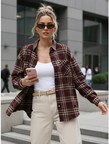 Koszula w kratę damska z przetarciami bordowa FashionStreet DY0484