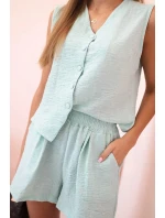 Dámská viskózová souprava – vesta na knoflíky a šortky mátová melanž Dámská viskózová souprava – vesta na knoflíky a šortky mátová melanž