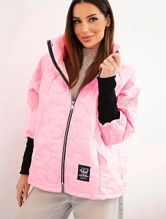 Dámská jarní prošívaná bunda s ozdobným model 22040184 a zipem bonbónově růžová - K-Fashion