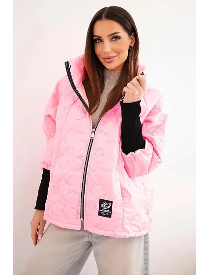 Dámská jarní prošívaná bunda s ozdobným model 22040184 a zipem bonbónově růžová - K-Fashion