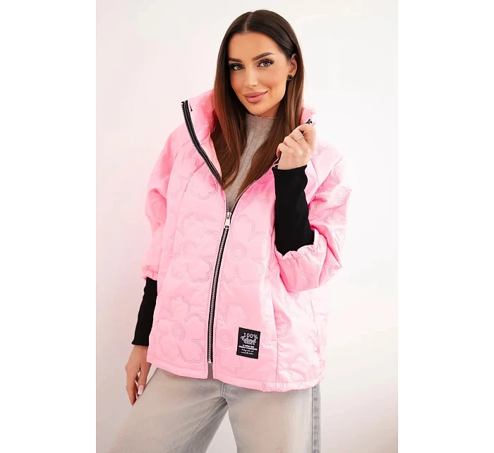 Dámská jarní prošívaná bunda s ozdobným model 22040184 a zipem bonbónově růžová - K-Fashion