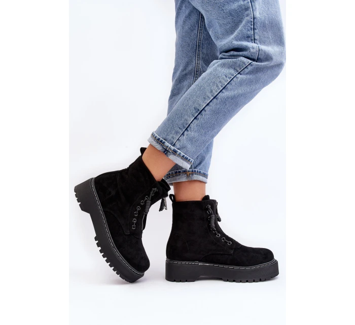 Zamszové Trapery Botky Dámské Na Tlusté Podešví Se Suwákem Černé Edivame