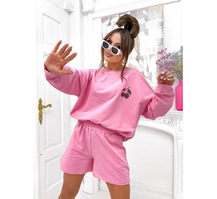 Růžový dámský bavlněný komplet mikina a šortky model 21056407 - Moon Růžový dámský bavlněný komplet mikina a šortky model 21056407 - Moon