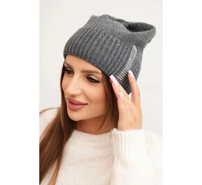 Dámská zimní čepice vlněná s krystaly K453 grafitová