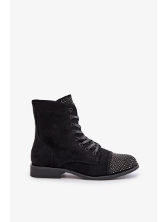 Dámské zateplené kotníkové boty na nízkém podpatku s ozdobami – černé Ellieo