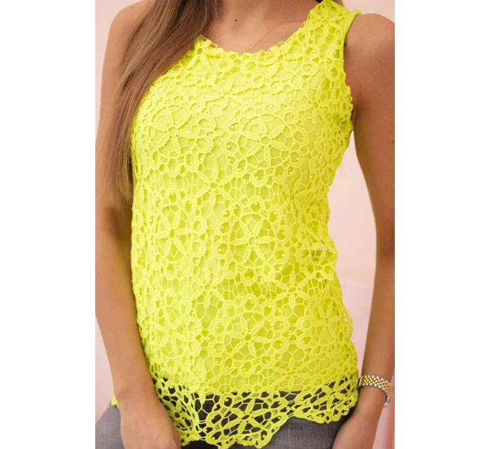 Dámská halenka s krajkou bez rukávů žlutá neon