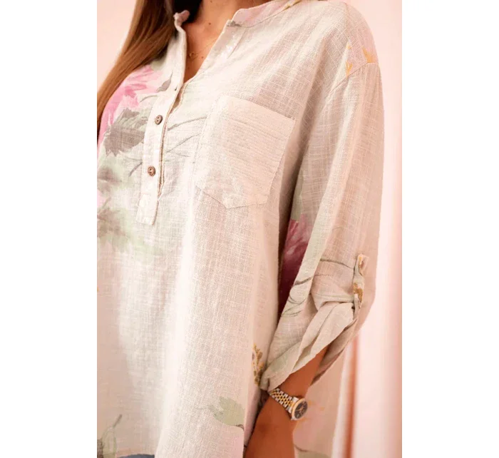 Dámská blůza z bavlny s květinovým vzorem a knoflíky béžový