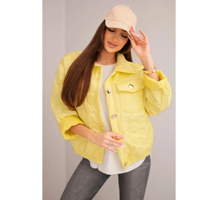 Dámská jarní prošívaná bunda s květinovým vzorem žlutá