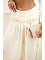 Dámské viskózové kalhoty s širokými nohavicemi a volánky žlutý