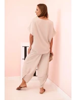 Komplet z viskózy halenka + kalhoty tmavě béžový