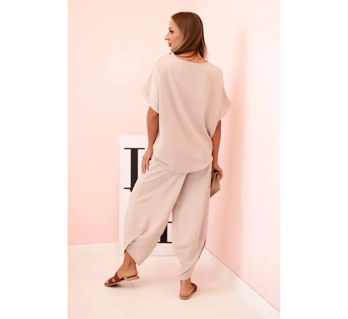 Komplet z viskózy halenka + kalhoty tmavě béžový