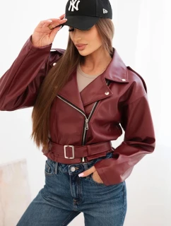 Dámská krátká bunda z eko kůže s páskem a límcem bordová