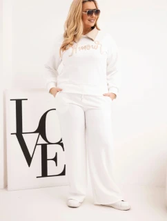 Dámský komplet masełko Plus Size se širokými nohavicemi a límečkem bílý