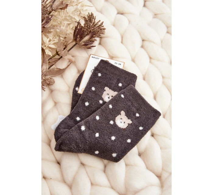 Dámské teplé puntíkované ponožky s medvídkem tmavě šedé