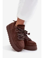 Šněrovací Zimní Boty Ženy Na Platformě Vyteplené Kožešinou Hnědé Tavelle