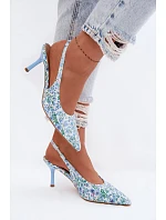 Ozdobené dámské sandály na jehlovém podpatku s květinovým vzorem modré model 22103131 - Boto