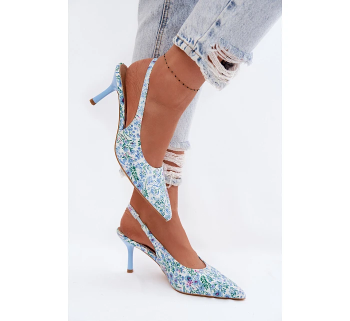 Ozdobené dámské sandály na jehlovém podpatku s květinovým vzorem modré model 22103131 - Boto