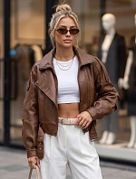 Krátká hnědá kožená bunda ve stylu Ramones od FashionStreet TY5845