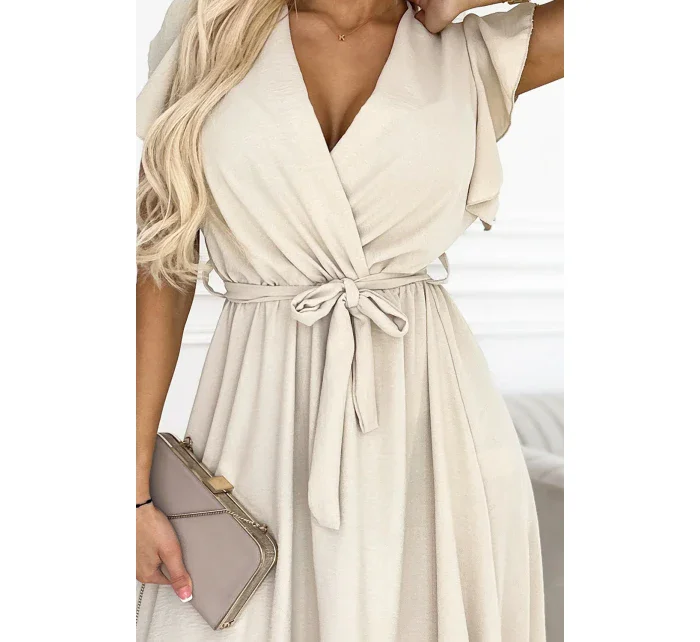 Béžové dámské šaty s výstřihem a zavazováním model 18560379 - numoco basic Béžové dámské šaty s výstřihem a zavazováním model 18560379 - numoco basic