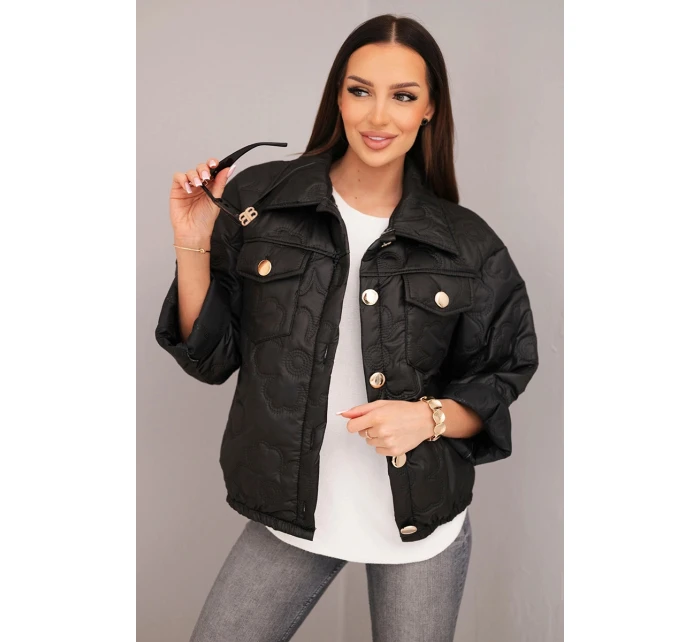 Dámská model 21890038 prošívaná bunda s květinovým vzorem černá - K-Fashion