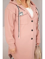 Dámský kabát plus size s kapucí zapínaný na knoflíky tmavě růžový